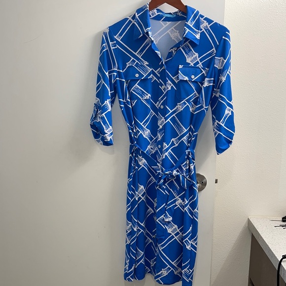 NWOT J. McLaughlin Blue/White Bamboo Pattern Brynn Shirt Dress - Picture 2 of 16